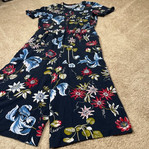 Ann Taylor Jumpsuit Womens 12 Navy Floral Wide Leg Gaucho Cropped Bohemian Flowy - Picture 7 of 12